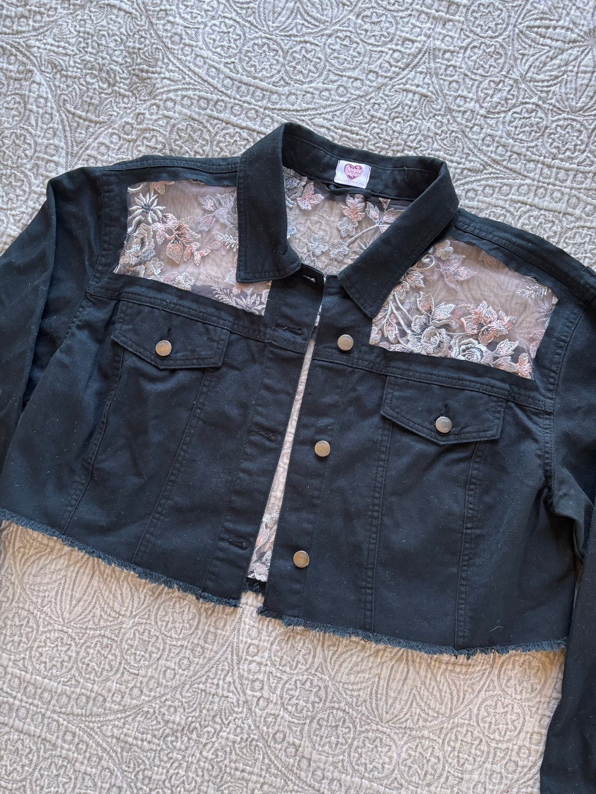 Black Denim Silver Floral Cropped Jacket [2X]
