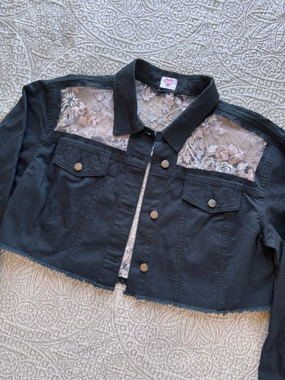 Black Denim Silver Floral Cropped Jacket [2X]