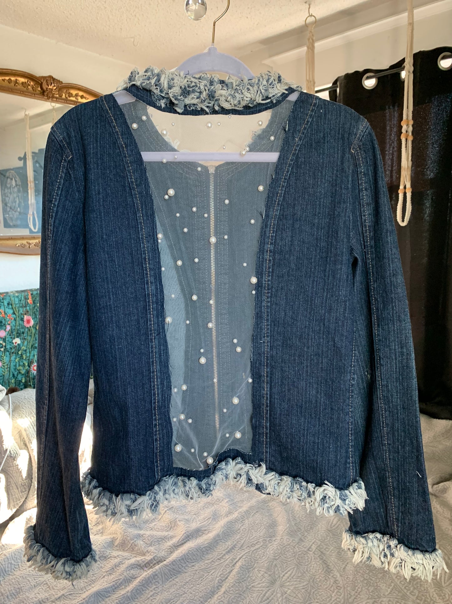 Denim Fray Trimmed Pearls and Charms [L]