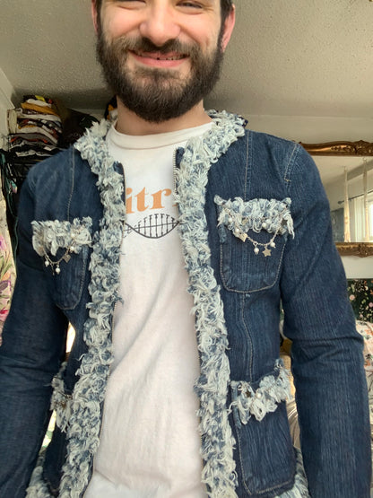 Denim Fray Trimmed Pearls and Charms [L]