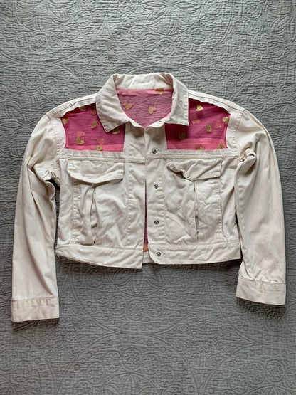 Cropped Cream Denim Gold Glitter Heart Jacket [L]