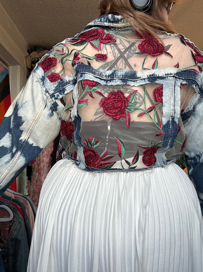 Cropped Acid Wash Denim Roses Jacket [1X]