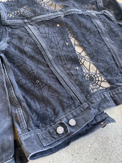 Black Denim Spider Webs Jacket [0X]