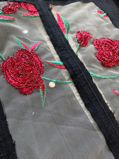 Embroidered Black Denim Roses Jacket [1X]