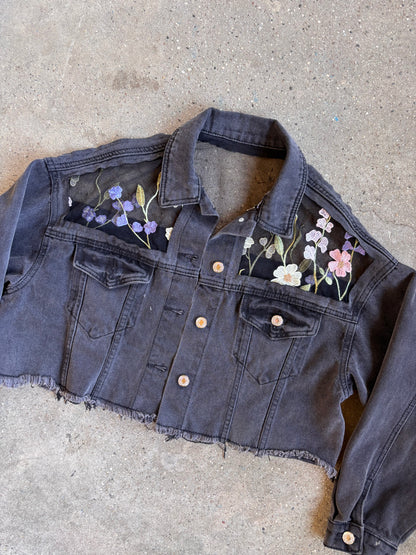 Cropped Black Denim Floral Jacket [XL]