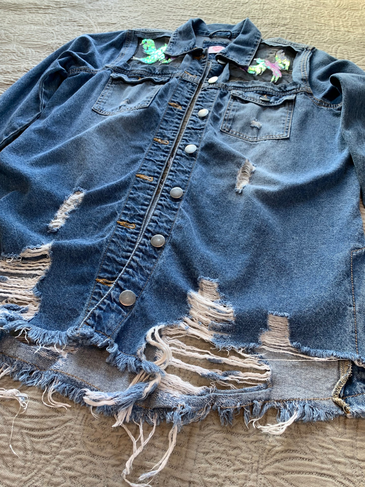 Heart Cutout Distressed Denim Ghost Jacket   [L]