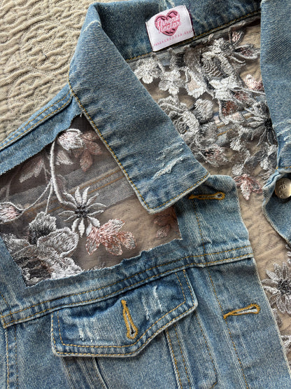 Cropped Distressed Denim Silver Floral Jacket [0X]