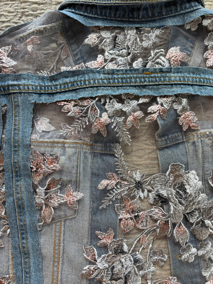 Cropped Distressed Denim Silver Floral Jacket [0X]