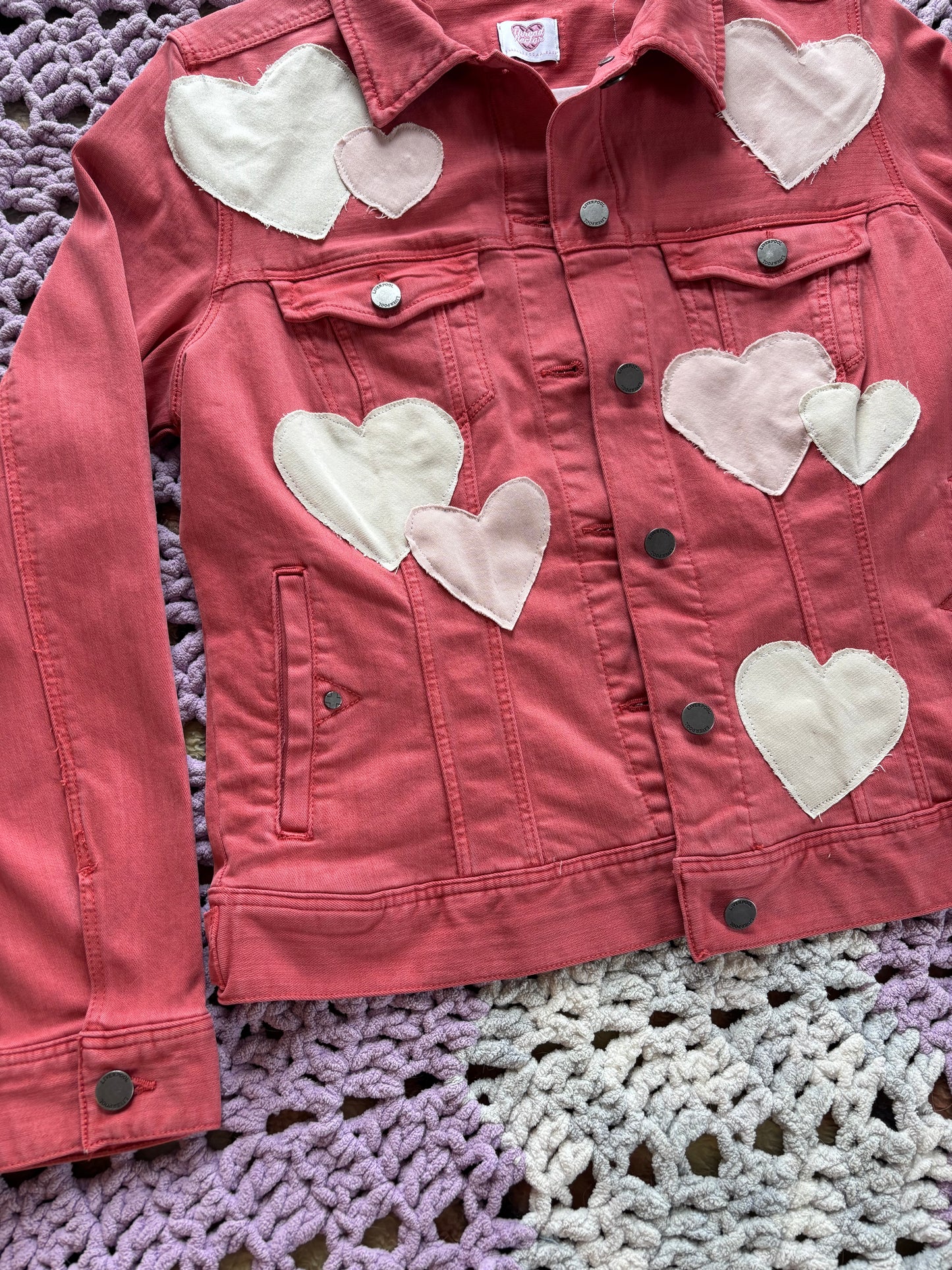 Dark Pink Denim Frayed Hearts Jacket [XL]