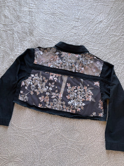 Black Denim Silver Floral Cropped Jacket [2X]