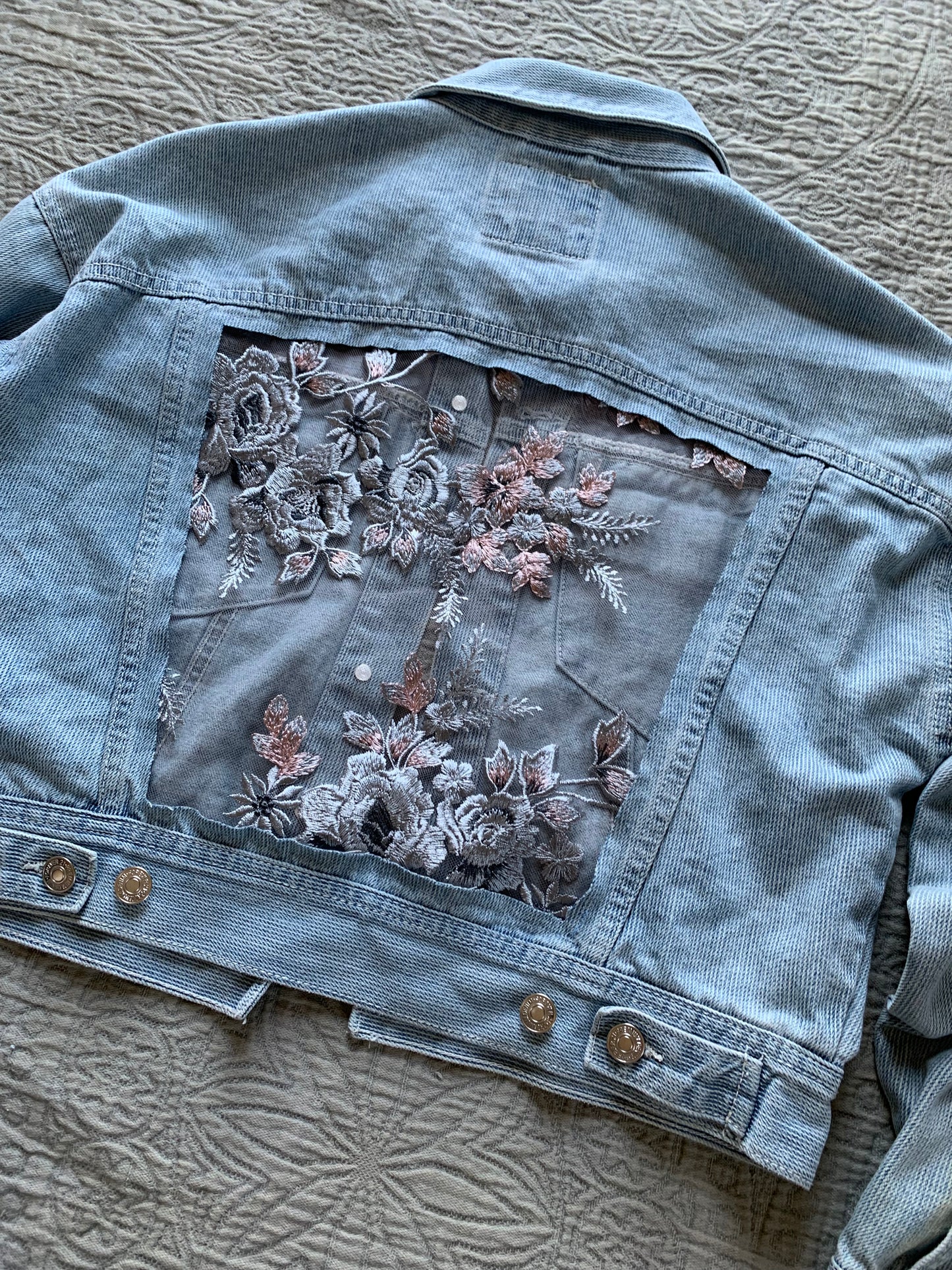 Striped Denim Silver Floral Jacket [L]