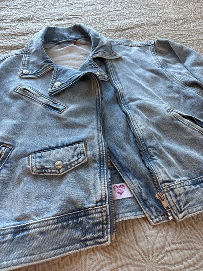 Gold Stars Light Wash Denim Bomber Jacket [XL]