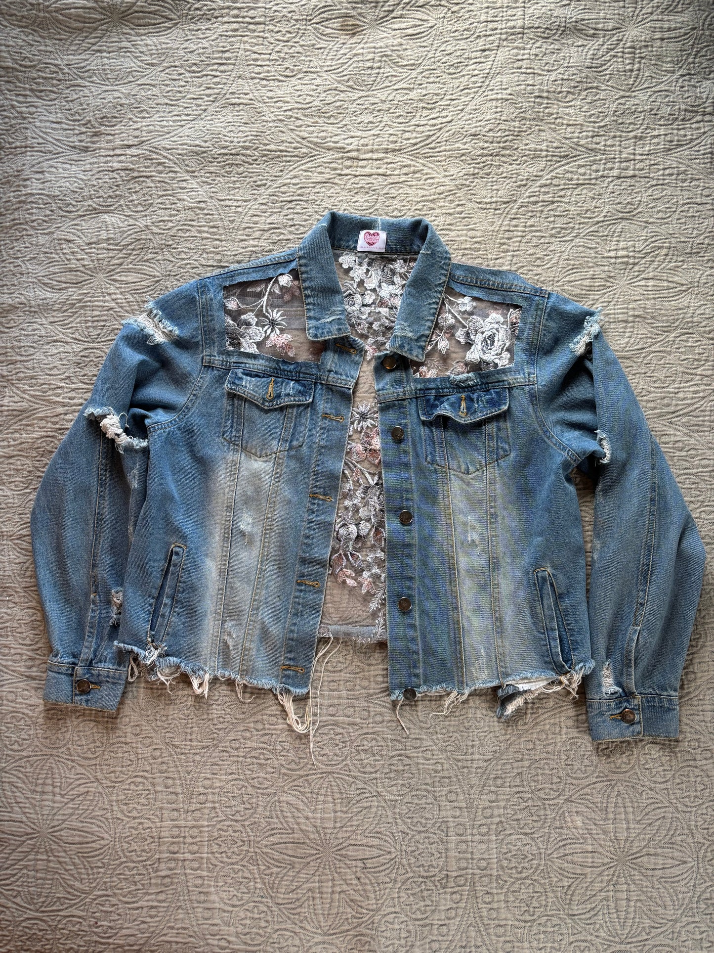 Cropped Distressed Denim Silver Floral Jacket [0X]