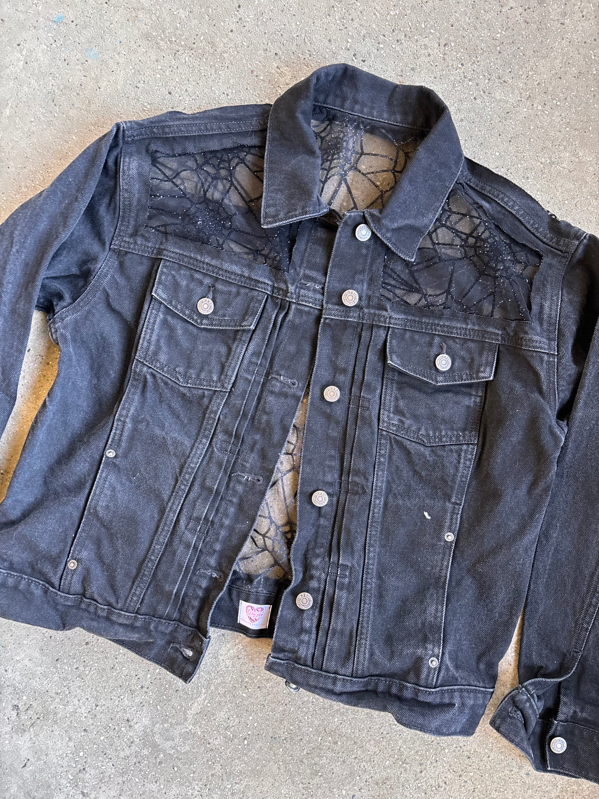 Black Denim Spider Webs Jacket [0X]