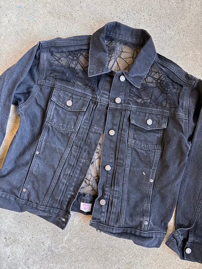 Black Denim Spider Webs Jacket [0X]