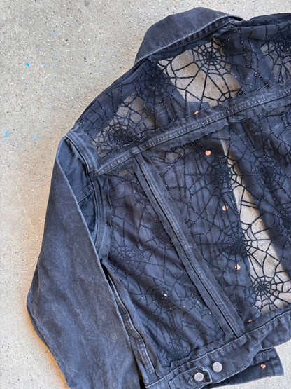 Black Denim Spider Webs Jacket [0X]