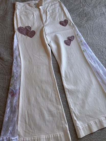 White Denim High Waisted Lace Flare Jeans [M]