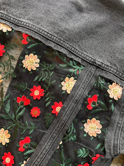 Black Denim Red Floral Jacket [0X]