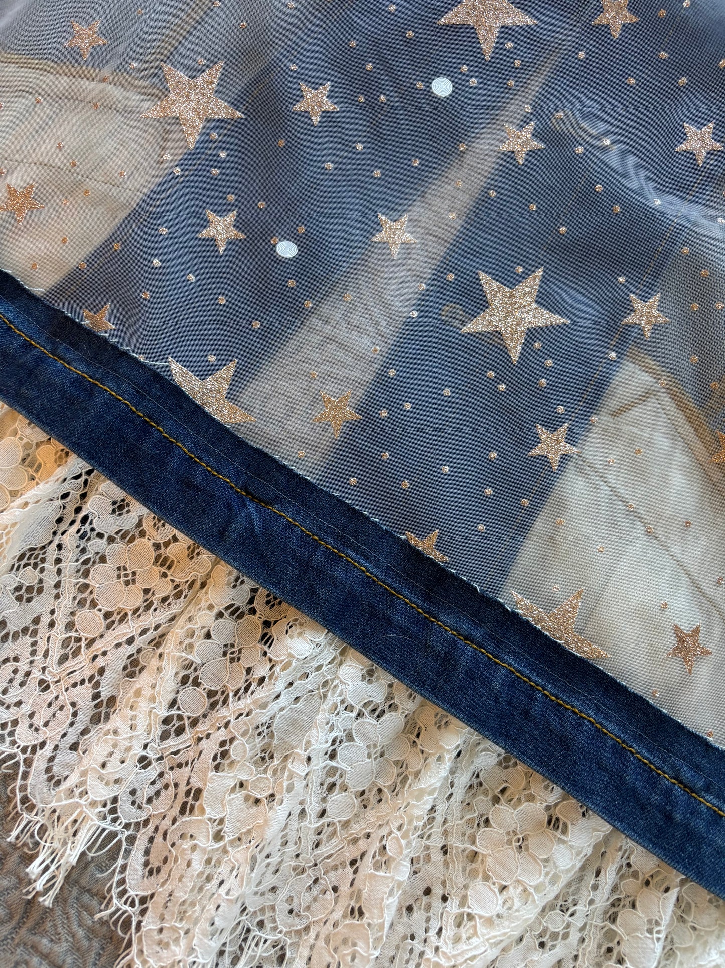 Gold Stars Removable Lace-Bottom Denim Jacket [1X]