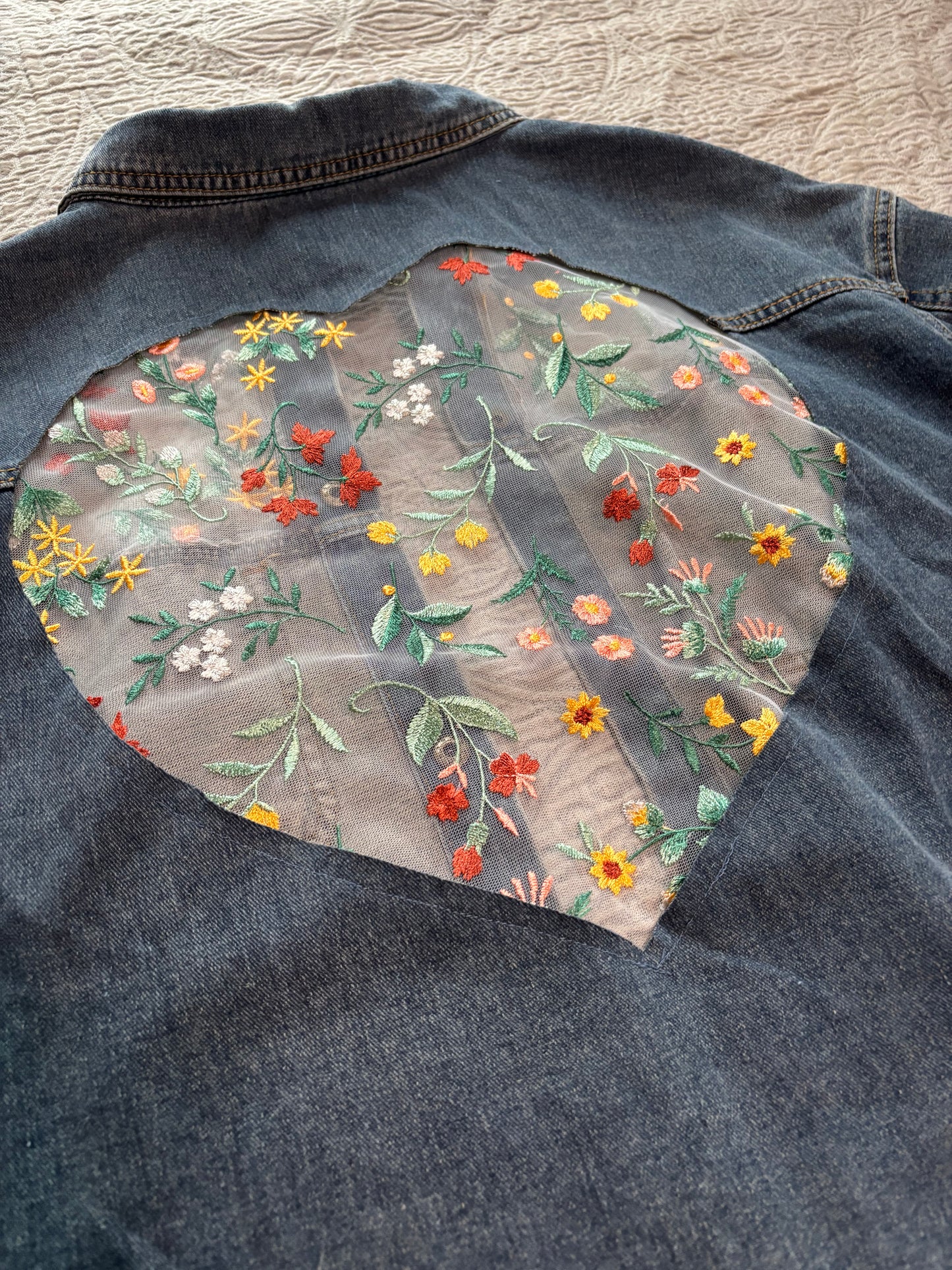 Denim Fall Wildflowers Heart Jacket [3X]