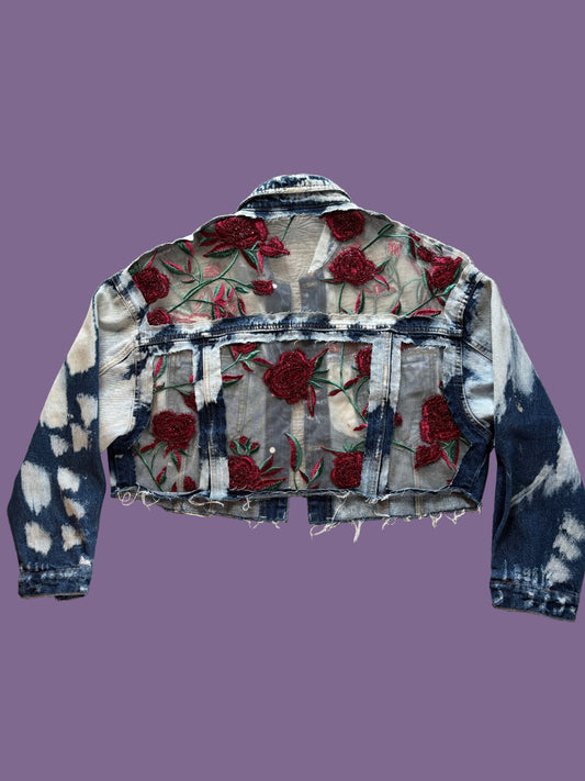 Cropped Acid Wash Denim Roses Jacket [1X]