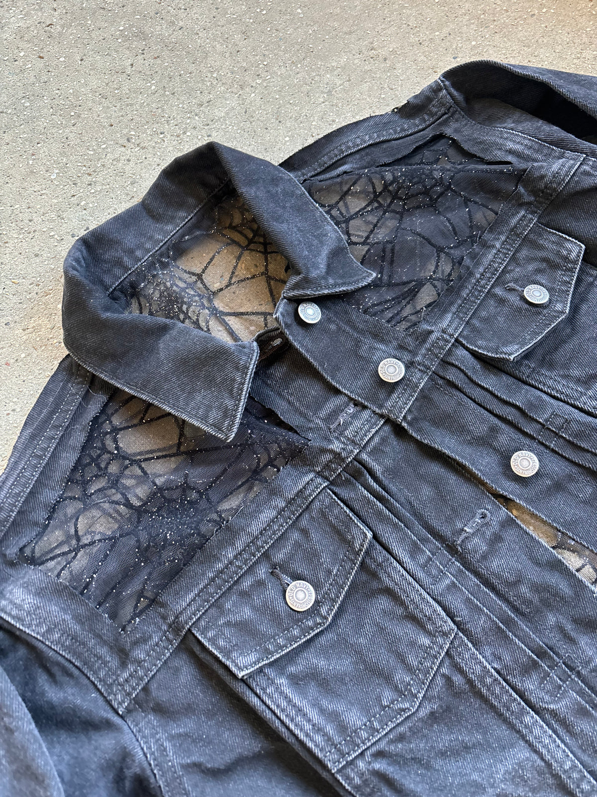 Black Denim Spider Webs Jacket [0X]
