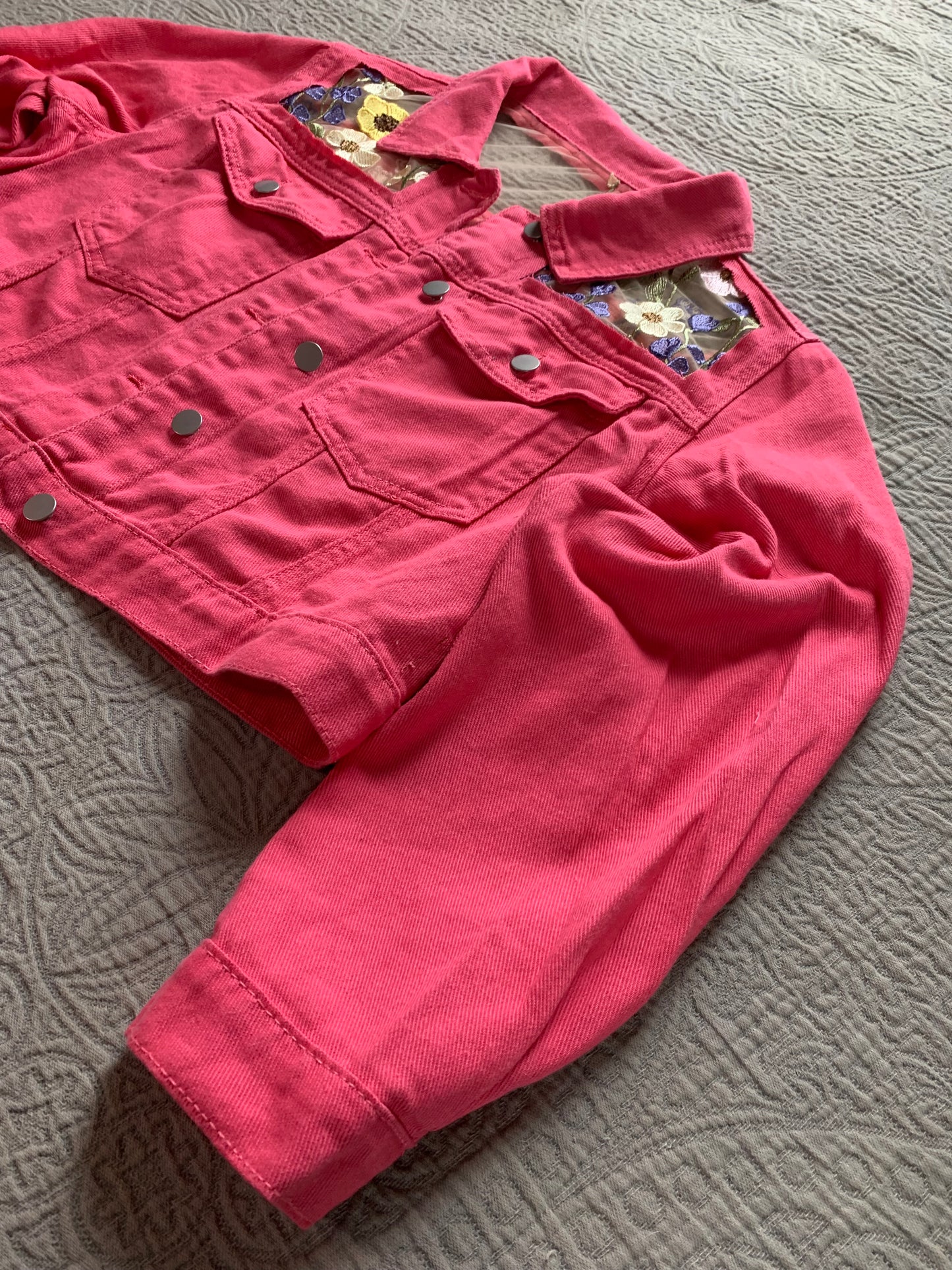 Cropped Pink Floral Denim Jacket [0X]