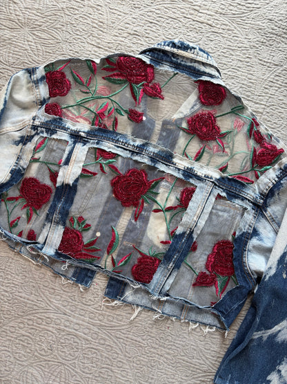 Cropped Acid Wash Denim Roses Jacket [1X]