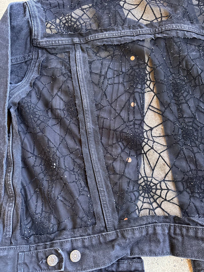 Black Denim Spider Webs Jacket [0X]