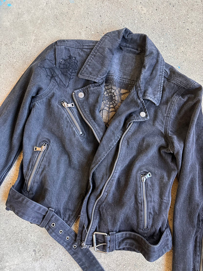 Black Denim Spider Webs Belted Jacket [S]