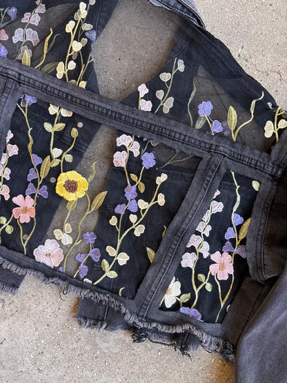 Cropped Black Denim Floral Jacket [XL]