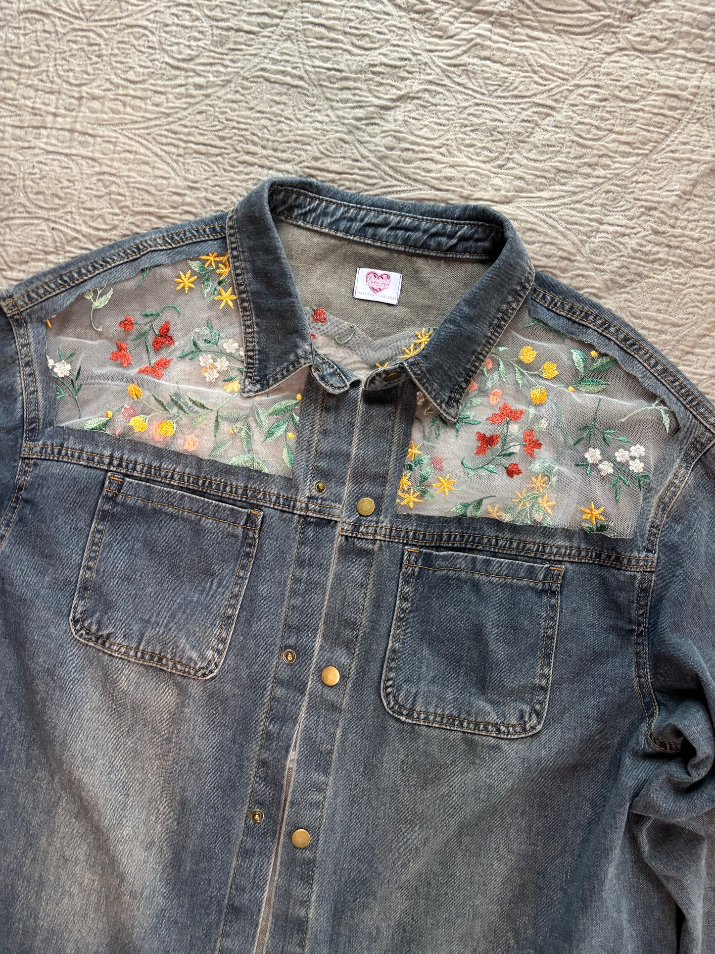 Denim Fall Wildflowers Heart Jacket [3X]