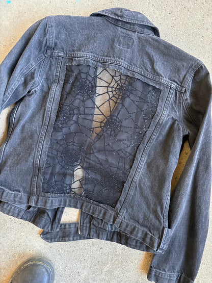 Black Denim Spider Webs Belted Jacket [S]