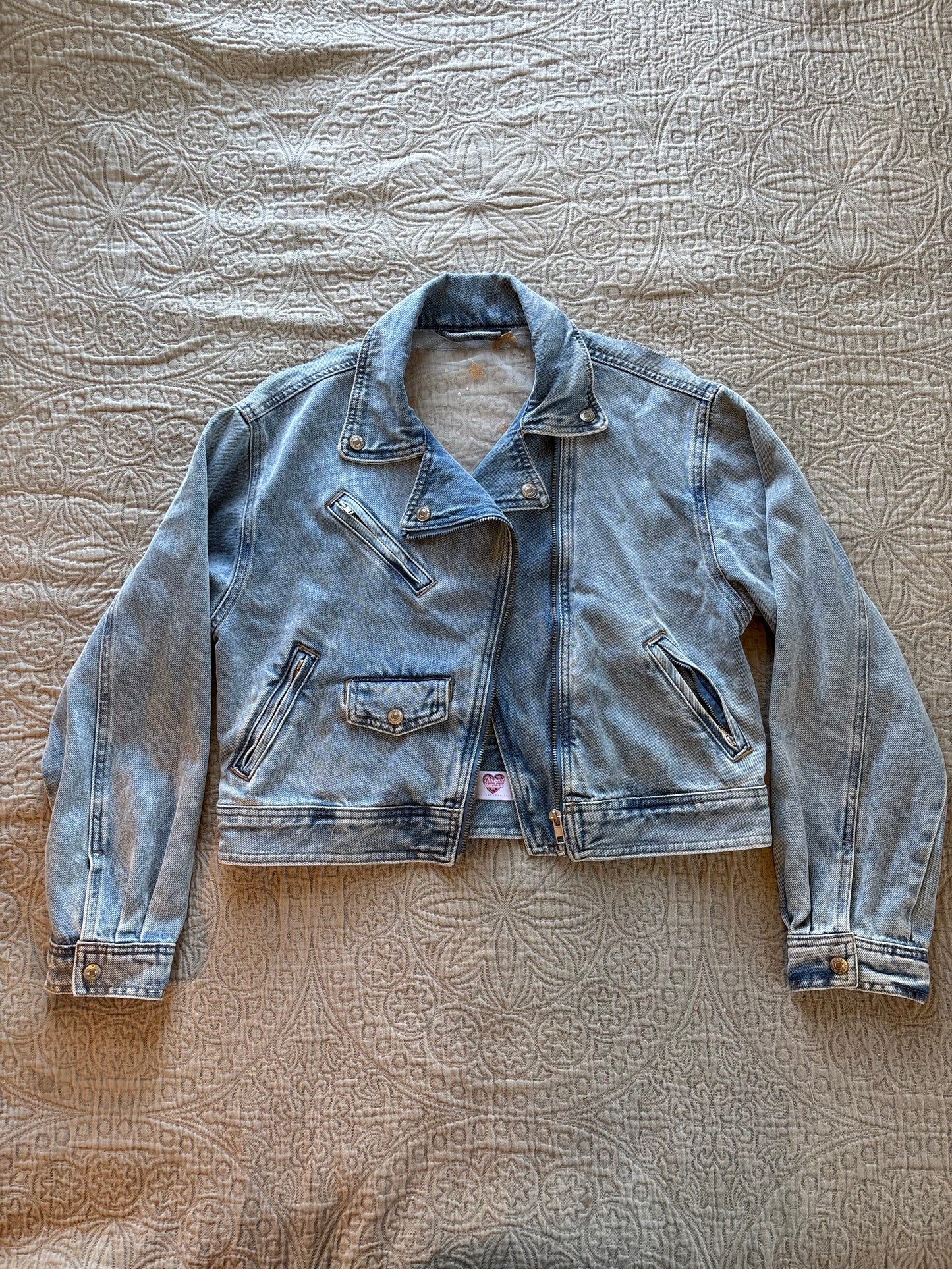 Gold Stars Light Wash Denim Bomber Jacket [XL]