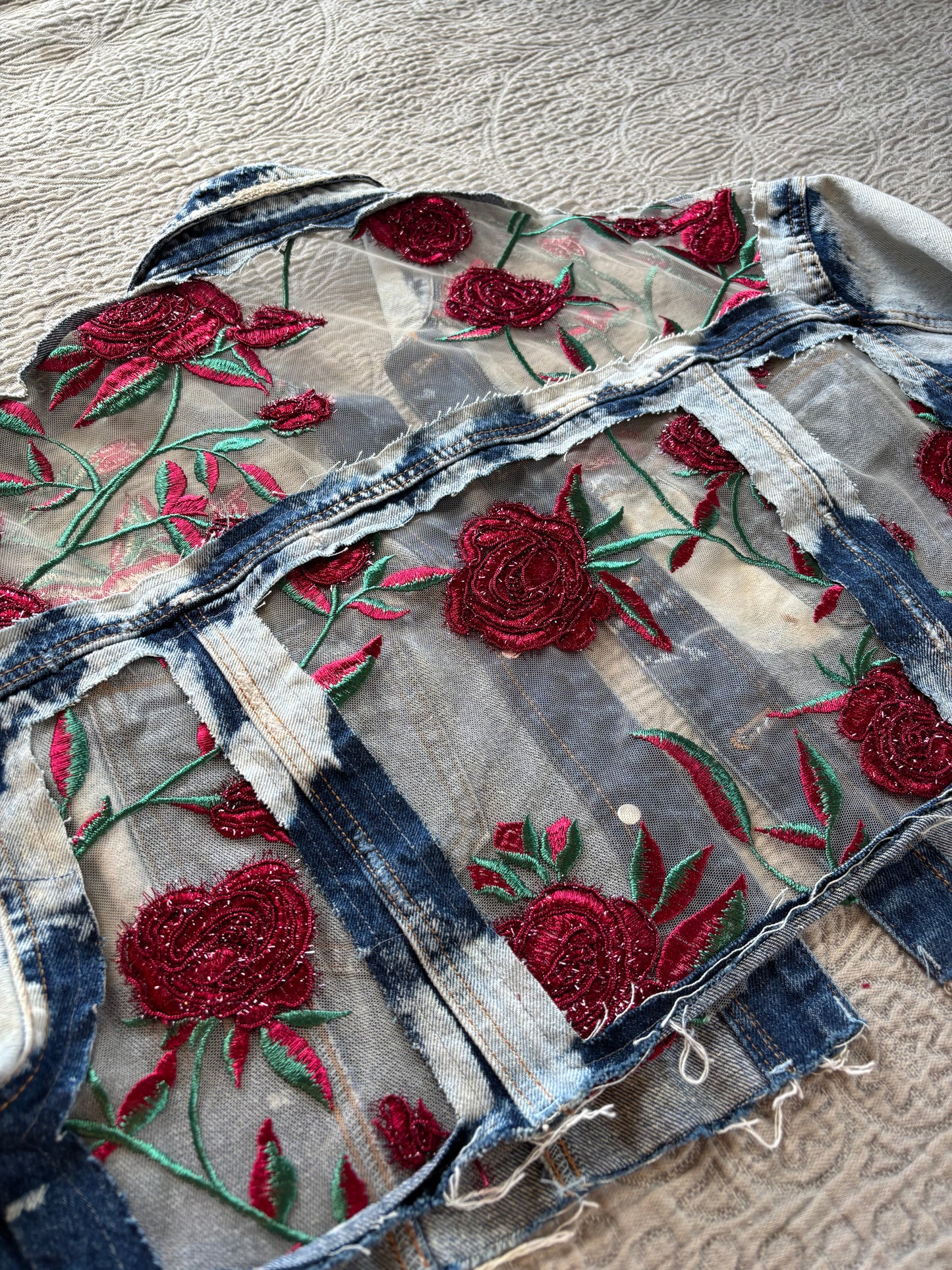 Cropped Acid Wash Denim Roses Jacket [1X]
