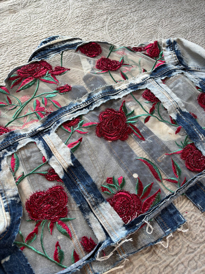 Cropped Acid Wash Denim Roses Jacket [1X]