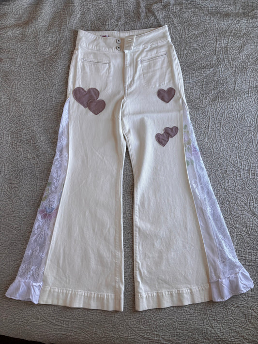 White Denim High Waisted Lace Flare Jeans [M]