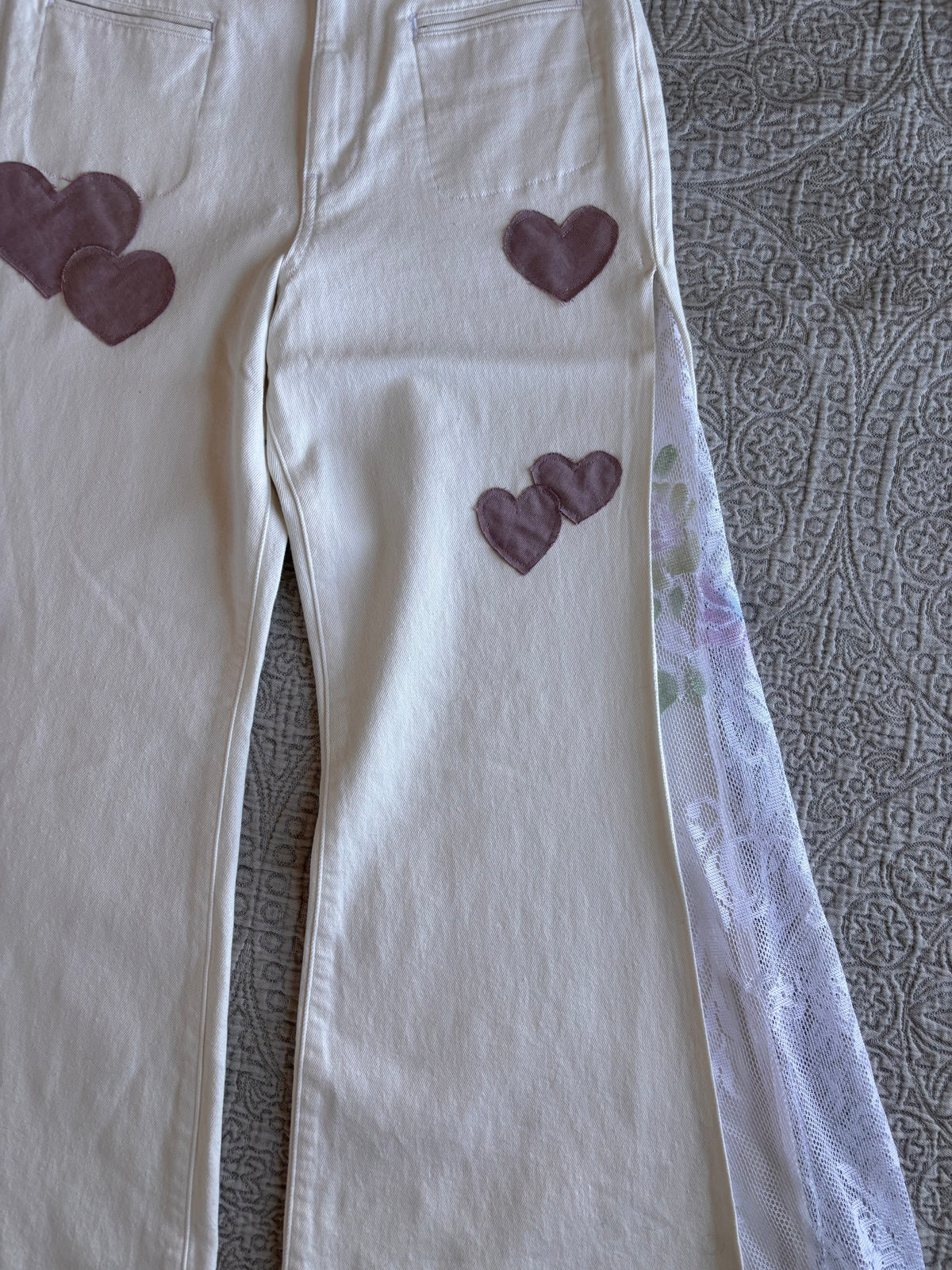 White Denim High Waisted Lace Flare Jeans [M]