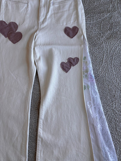White Denim High Waisted Lace Flare Jeans [M]