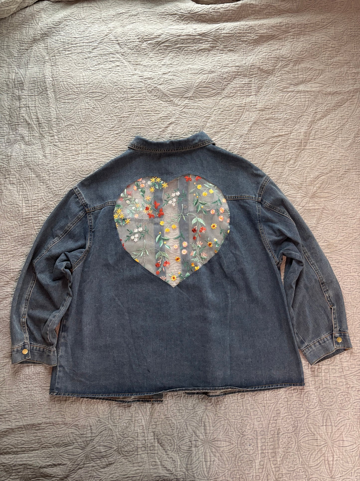 Denim Fall Wildflowers Heart Jacket [3X]