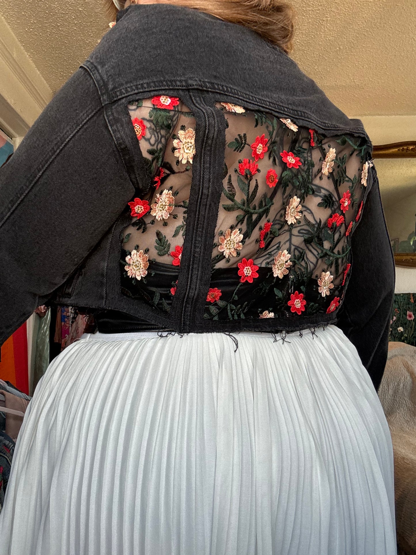 Black Denim Red Floral Jacket [0X]