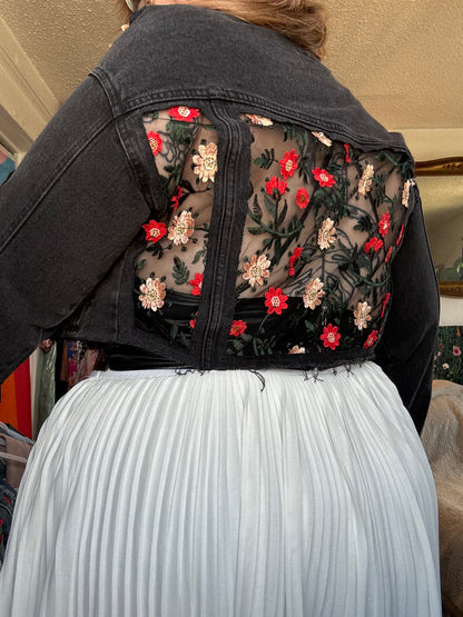 Black Denim Red Floral Jacket [0X]