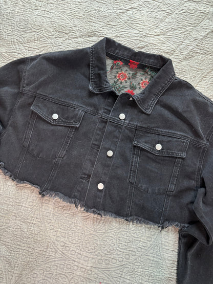 Cropped Black Denim Red Floral Jacket [2X]