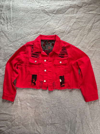 Cropped Red Denim Red Floral Jacket [1X]