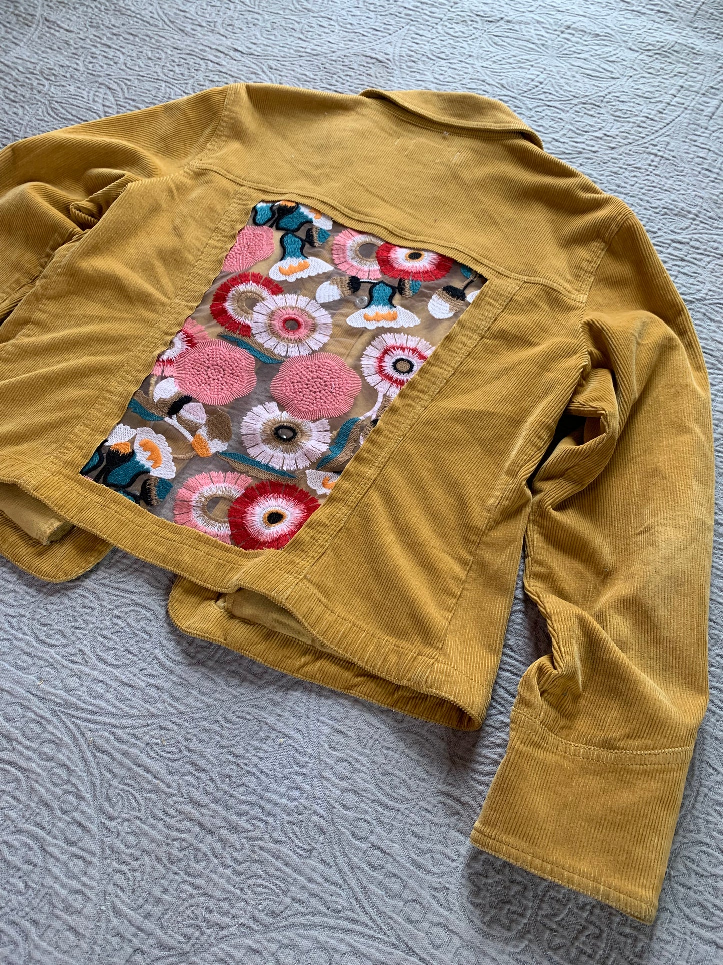 Mustard Corduroy Peach Floral Jacket [XL]