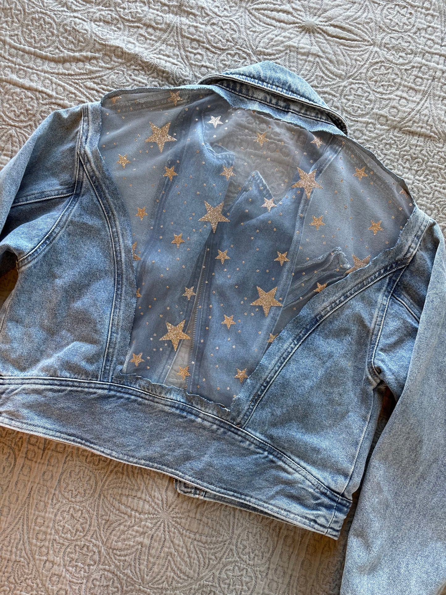 Gold Stars Light Wash Denim Bomber Jacket [XL]