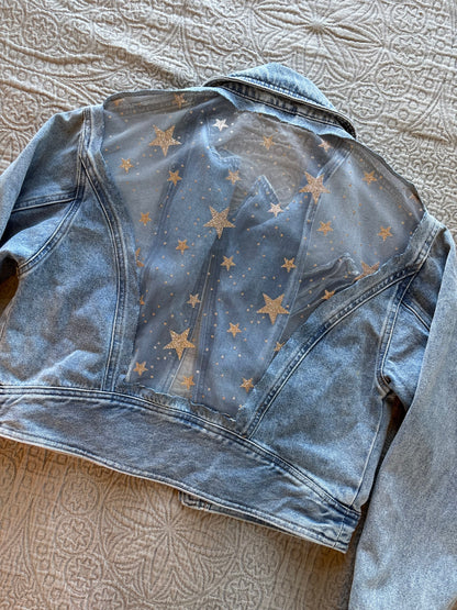 Gold Stars Light Wash Denim Bomber Jacket [XL]
