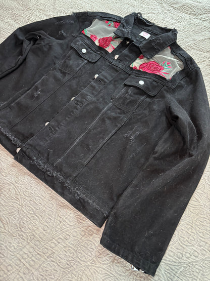 Distressed Black Denim Roses Jacket [2X]