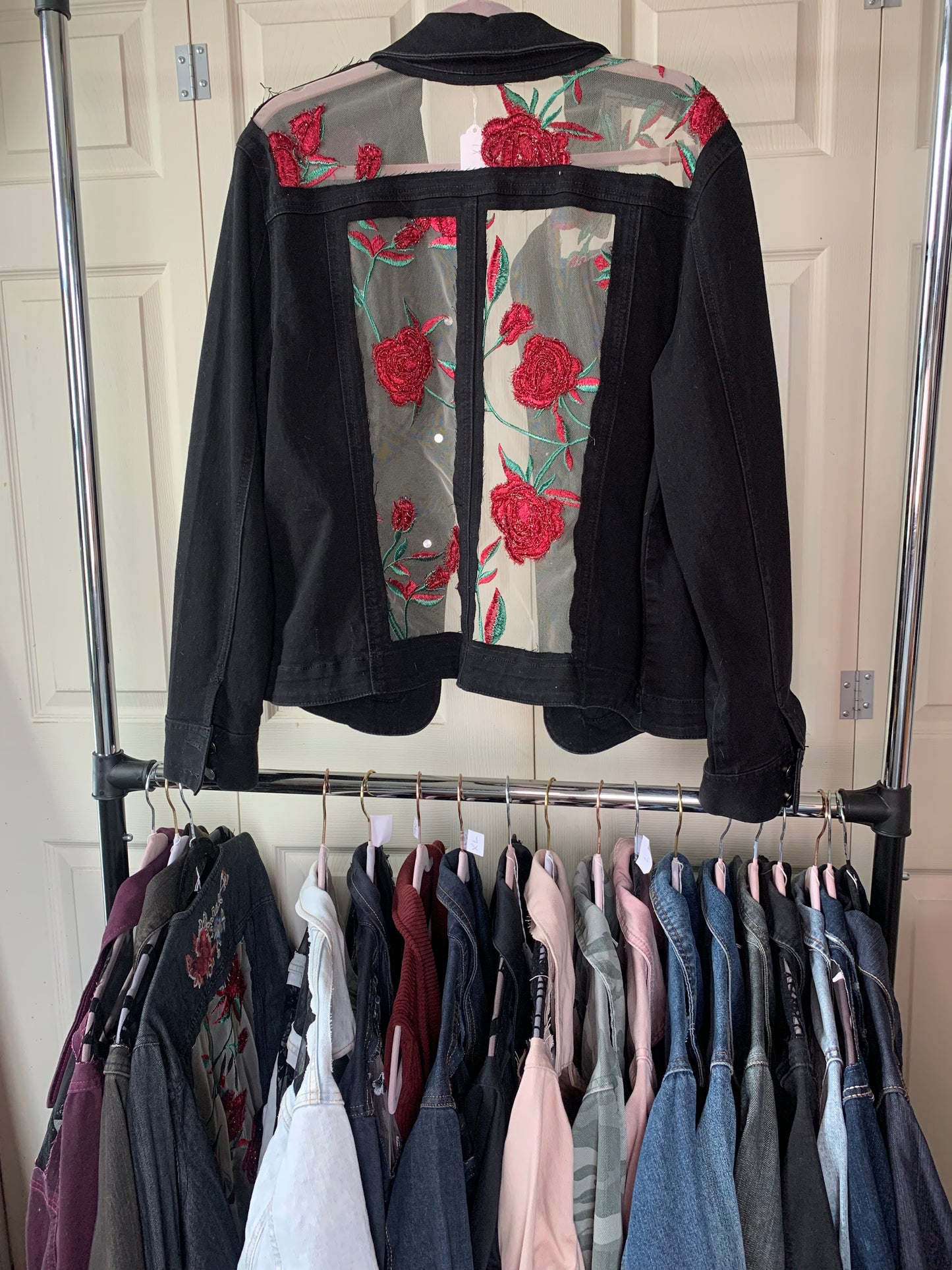 Embroidered Black Denim Roses Jacket [1X]