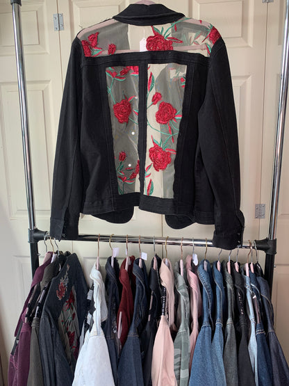 Embroidered Black Denim Roses Jacket [1X]